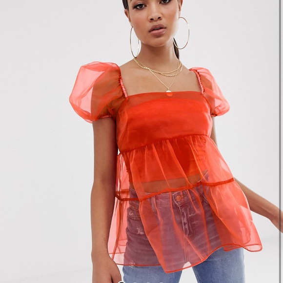 Short sleeve sheered organza top with ruffle detail - Picture 2 of 4
